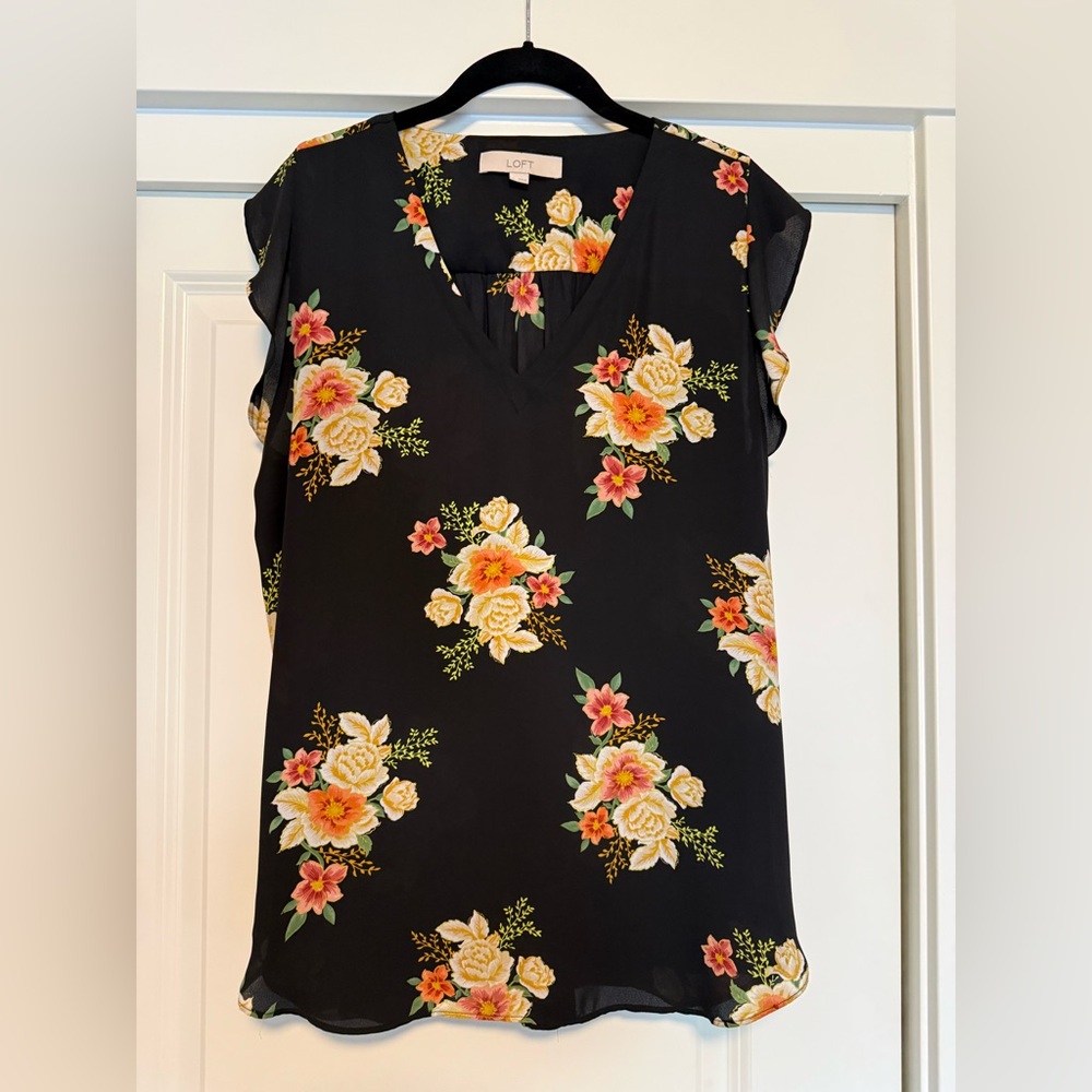 LOFT Black Blouse with Floral Print